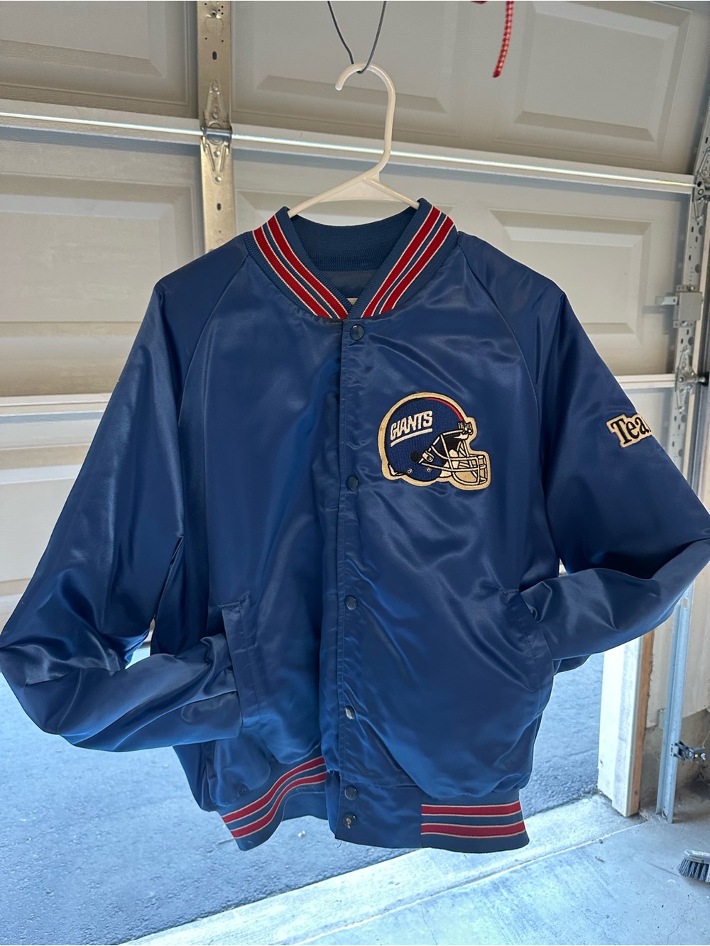 Giants Blue Bomber Jacket with Red Stripe Trim size XL